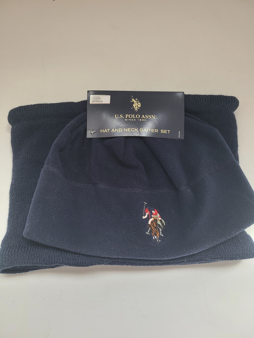 U.S. Polo Assn. Navy Knit Beanie and Neck Gaiter Set with Pony Logo